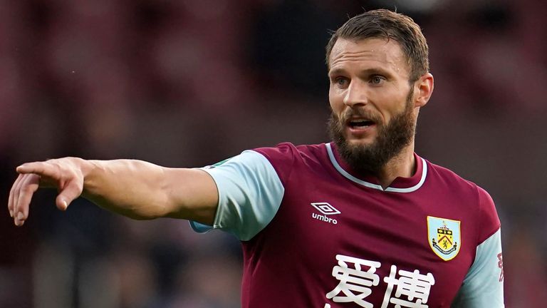 Erik Pieters reacts during the English League Cup soccer match between Burnley and Sheffield United at the Turf Moor stadium in Burnley, England, Thursday, Sept. 17, 2020. (AP Photo/Jon Super, Pool)