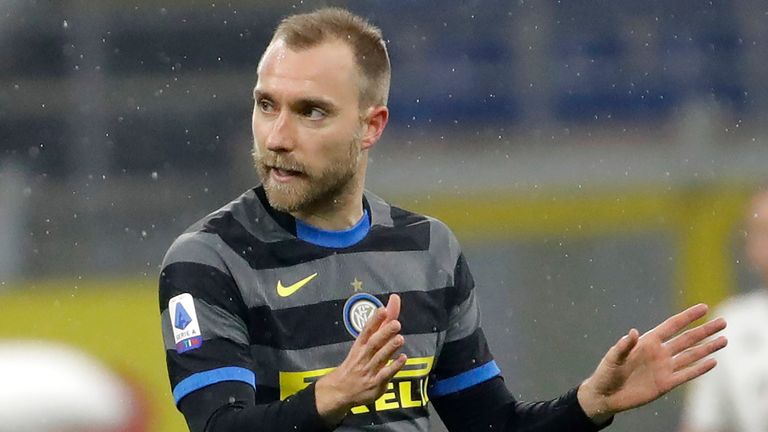 Inter Milan's Christian Eriksen reacts after a goal against Benevento during a Serie A soccer match between Inter Milan and Benevento at the San Siro stadium in Milan, Italy, Saturday, Jan. 30, 2021. (AP Photo/Luca Bruno)