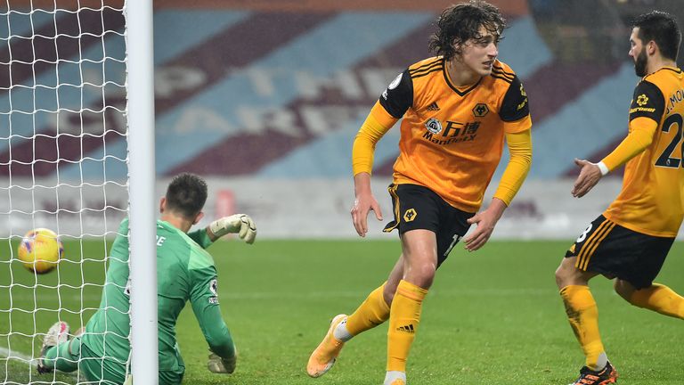 Fabio Silva wheels away after scoring his first ever Premier League goal from the penalty spot for Wolves against Burnley