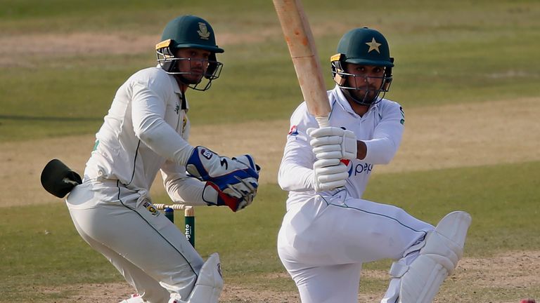 Pakistan&#39;s Faheem Ashraf plays a shot against South Africa