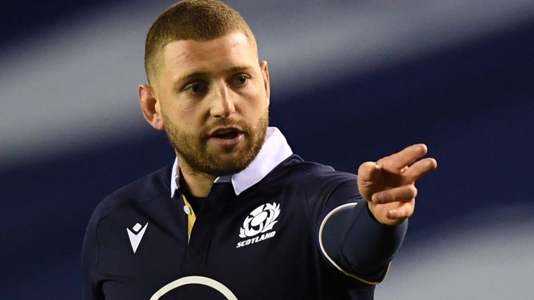 EDINBURGH, SCOTLAND - OCTOBER 23: Scotland's Finn Russell issues instructions during a warm up international match between Scotland and Georgia  at BT Murrayfield, on October 23, 2020, in Edinburgh, Scotland (Photo by Ross Parker / SNS Group)