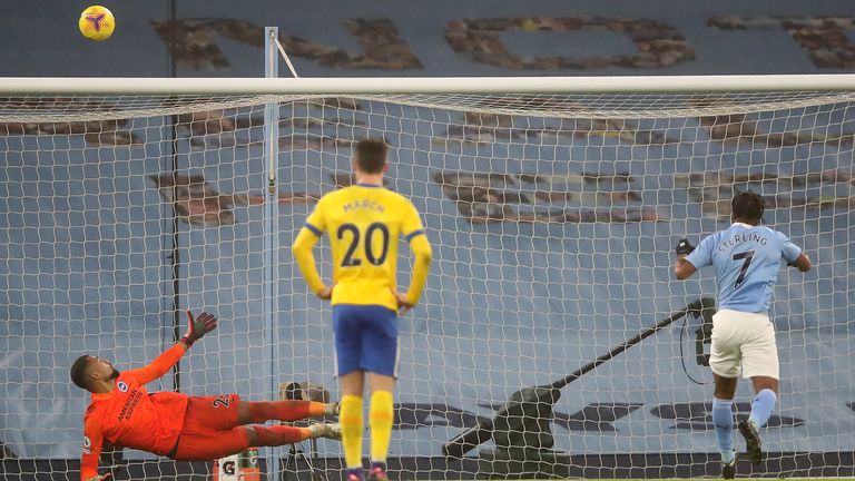 Raheem Sterling misses a penalty against Brighton