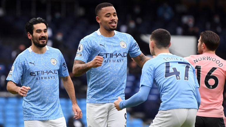Manchester City's Gabriel Jesus celebrates scoring the opening goal of the game