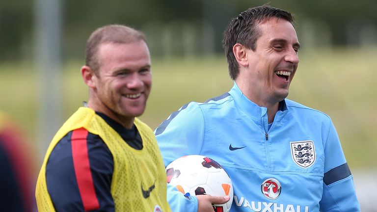 England&#39;s Wayne Rooney and assistant coach, Gary Neville (right) during the training session at St George&#39;s Park, Burton Upon Trent.