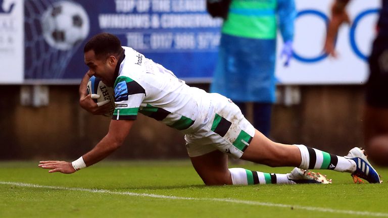 Newcastle Falcons' George Wacokecoke dives over the line to score their first try