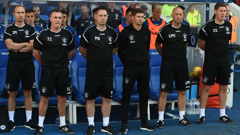 Gerrard has praised his coaching staff line up (L-R) Jordan Milsom, Tom Culshaw, Michael Beale, Steven Gerrard, Gary McAllister, Colin Stewart