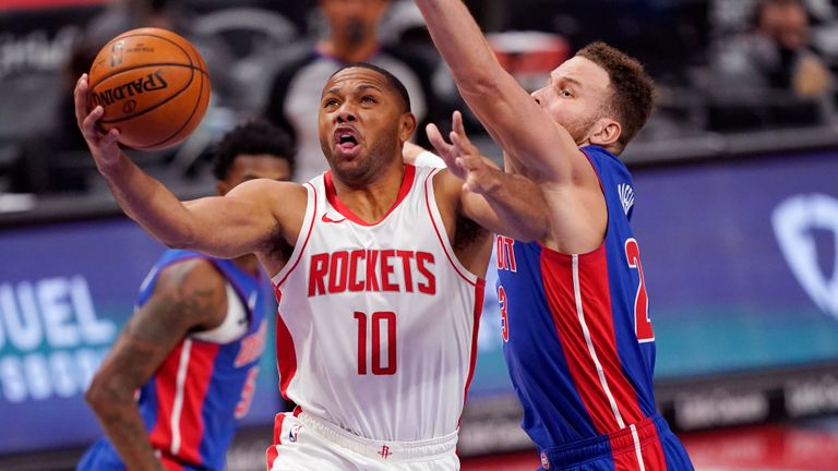 Houston Rockets guard Eric Gordon (10) attempts a layup as Detroit Pistons forward Blake Griffin defends during the second half of an NBA basketball game, Friday, Jan. 22, 2021, in Detroit. (AP Photo/Carlos Osorio)


