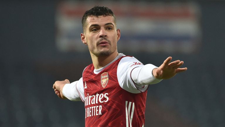 Arsenal...s Granit Xhaka during the English Premier League soccer match between West Bromwich Albion and Arsenal at the Hawthorns stadium in West Bromwich, England, Saturday Jan 2, 2021. (AP Photo/Rui Vieira)..