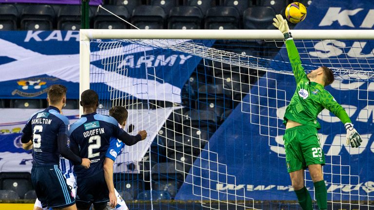 KILMARNOCK, SCOTLAND - JANUARY 09: Hamilton's Hakim Odoffin is denied by Danny Rodgers during a Scottish Premiership match between Kilmarnock and Hamilton at Rugby Park on January 09, 2021, in Kilmarnock, Scotland. (Photo by Alan Harvey / SNS Group)