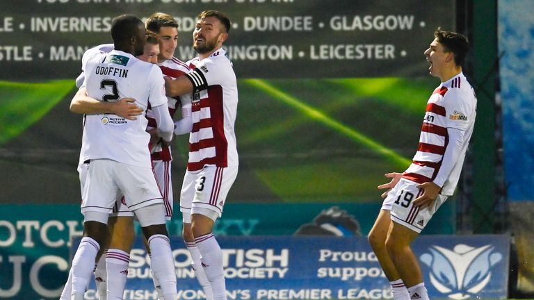 Callum Smith celebrates making it 3-0 during a Scottish Premiership match between Hamilton and Motherwell 