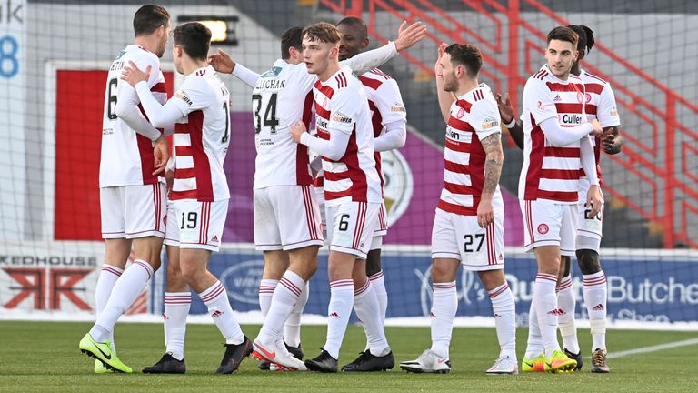 Hamilton players celebrate Lee Hodson's goal to make it 1-0 during a Scottish Premiership match between Hamilton and Motherwell