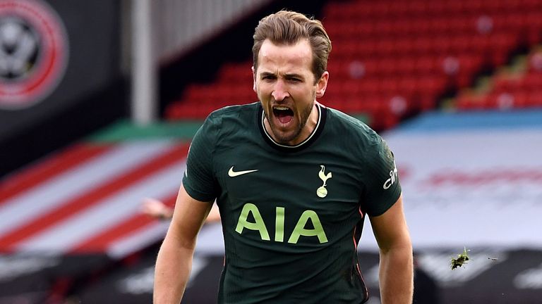 Harry Kane celebrates after doubling Spurs' lead at Bramall Lane