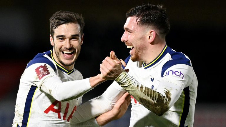 Harry Winks celebrates his goal with team mate Pierre-Emile Hojbjerg