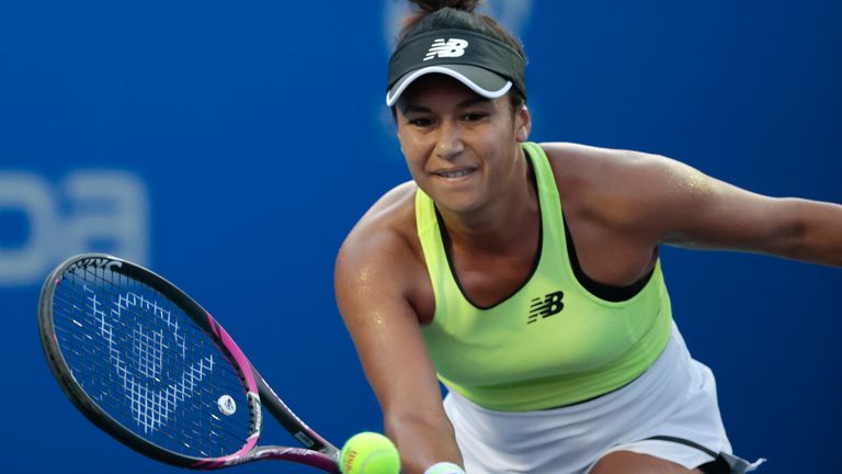 Heather Watson of Great Britain returns a ball in her women's final match against Canada's Leylah Fernandez at the Mexican Tennis Open in Acapulco, Mexico, Saturday, Feb. 29, 2020.