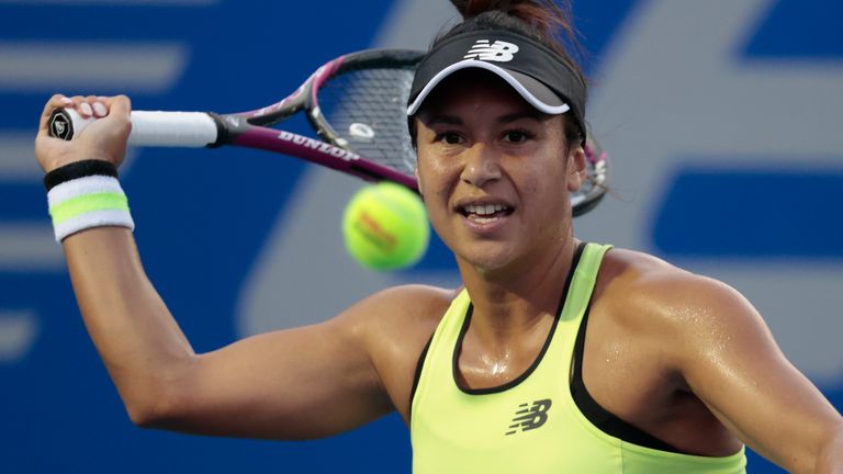 Heather Watson of Great Britain returns a ball in her women's final match against Canada's Leylah Fernandez at the Mexican Tennis Open in Acapulco, Mexico, Saturday, Feb. 29, 2020.(AP Photo/Rebecca Blackwell)