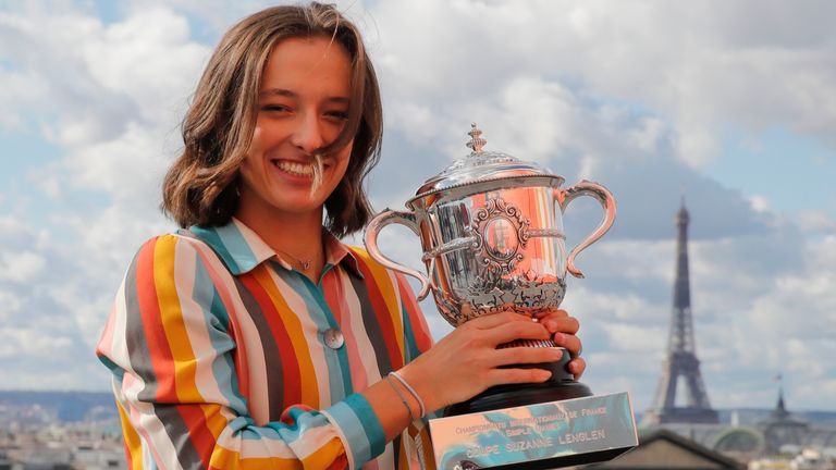 FILE - Poland's Iga Swiatek poses with the French Open women's singles trophy (AP Photo/Christophe Ena, File)
