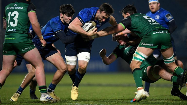 2 January 2021; Jack Conan of Leinster, supported by Max O'Reilly, is tackled by Quinn Roux of Connacht during the Guinness PRO14 match between Leinster and Connacht at the RDS Arena in Dublin. Photo by Ramsey Cardy/Sportsfile