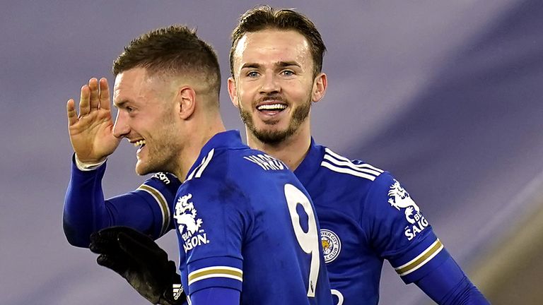 James Maddison celebrates scoring Leicester's second goal against Chelsea with Jamie Vardy