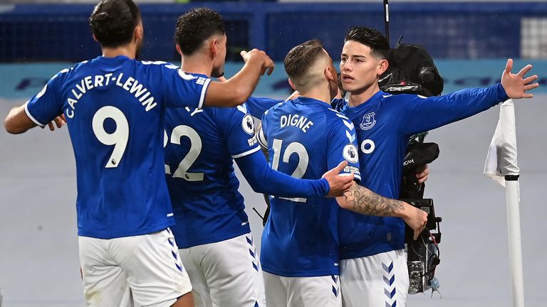 James Rodriguez celebrates after giving Everton the lead against Leicester