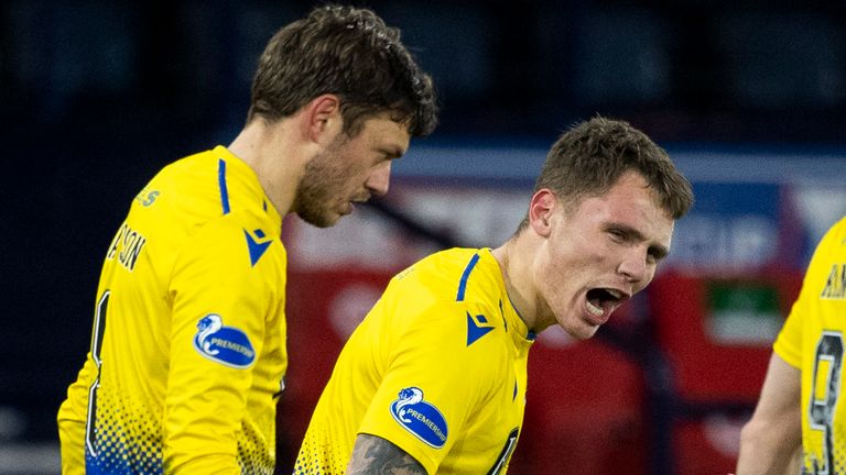 Jason Kerr celebrates putting St Johnstone in front against Hibernian