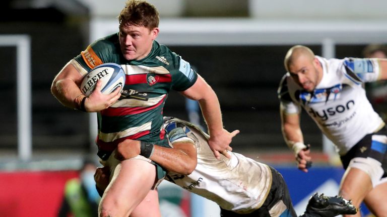 Leicester Tigers' Jasper Wiese (left) is tackled by Bath Rugby's Taulupe Faletau during the Gallagher Premiership match at Welford Road, Leicester.