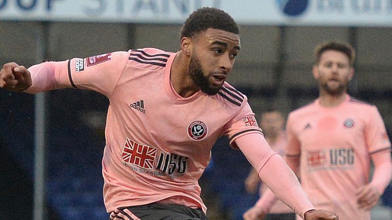 Jayden Bogle shoots at goal during Sheffield United's FA Cup tie with Bristol Rovers