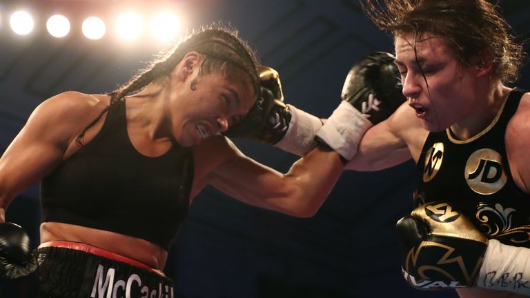 Katie Taylor and Jessica McCaskill during the WBA Lightweight World Championship bout at York Hall, London. PRESS ASSOCIATION Photo. Picture date: Wednesday December 13, 2017. Photo credit should read: Tim Goode/PA Wire