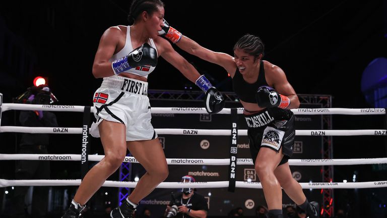 August 15, 2020; Tulsa, OK, USA; Undisputed women's welterweight champion Cecilia Braekhus and Jessica McCaskill during their Matchroom main event bout on August 15, 2020 in Tulsa, Oklahoma. Mandatory Credit: Melina Pizano/ Matchroom