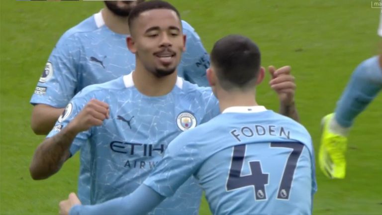 Manchester City's Gabriel Jesus celebrates following his opener against Sheffield United.