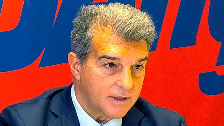 Joan Laporta, former president and pre candidate to presidency of FC Barcelona, speaks during an interview for The Associated Press in Barcelona, Spain, Sunday, Dec. 27, 2020. Former Barcelona president Joan Laporta believes he is the best man to convince Lionel Messi to stay put at Camp Nou. Laporta is one of a handful of men who hope to become F..tbol Club Barcelona...s next president in an election by club members called for Jan. 24. (AP Photo/Hernan Mu..oz)..