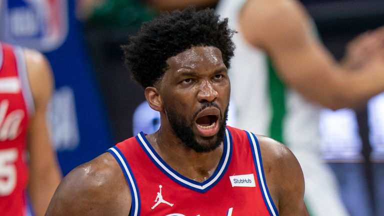 Joel Embiid during the Philadelphia 76ers' recent win over the Boston Celtics. (AP Photo/Chris Szagola)