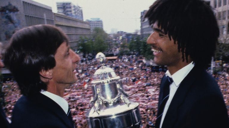 Johan Cruyff and Ruud Gullit celebrate in the center of Rotterdam after winning the Dutch Cup final against Fortuna Sittard on May 2, 1984 at Rotterdam, Netherlands