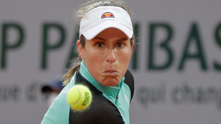 Britain's Johanna Konta plays a shot against Cori Gauff of the U.S. in the first round match of the French Open tennis tournament at the Roland Garros stadium in Paris, France, Sunday, Sept. 27, 2020. (AP Photo/Alessandra Tarantino)