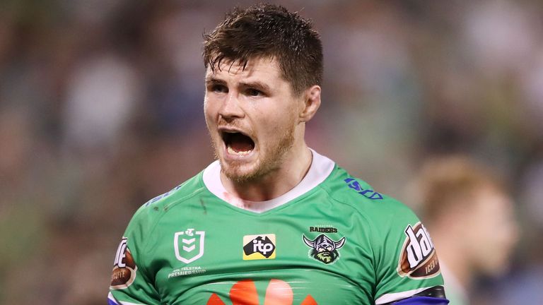 CANBERRA, AUSTRALIA - APRIL 21: John Bateman of the Raiders gestures to the crowd during the round 6 NRL match between the Canberra Raiders and the Brisbane Broncos at GIO Stadium on April 21, 2019 in Canberra, Australia. (Photo by Mark Kolbe/Getty Images)