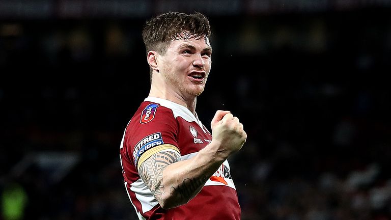 Wigan Warriors' John Bateman celebrates during the Betfred Super League Grand Final at Old Trafford, Manchester. PRESS ASSOCIATION Photo. Picture date: Saturday October 13, 2018. See PA story RUGBYL Final. Photo credit should read: Martin Rickett/PA Wire. RESTRICTIONS: Editorial use only. No commercial use. No false commercial association. No video emulation. No manipulation of images.