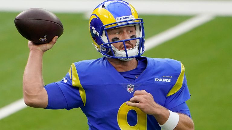 Los Angeles Rams quarterback John Wolford (9) during the first half of an NFL football game against the Arizona Cardinals in Inglewood, Calif., Sunday, Jan. 3, 2021. (AP Photo/Jae C. Hong)