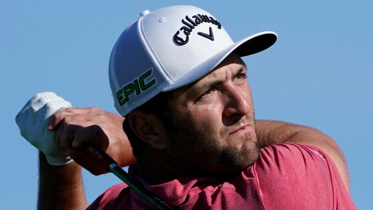 Jon Rahm, of Spain, hits from the second tee on the South Course during the final round of the Farmers Insurance Open golf tournament at Torrey Pines, Sunday, Jan. 31, 2021, in San Diego. (AP Photo/Gregory Bull)