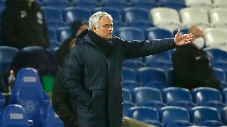 Jose Mourinho issues instructions on the touchline during the Brighton defeat