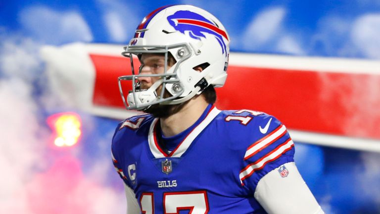 Buffalo Bills quarterback Josh Allen (17) runs on to the field prior to the first half of an NFL football game against the Baltimore Ravens in Orchard park, N.Y., Saturday Jan. 16, 2021. (AP/ Photo Jeffrey T. Barnes)