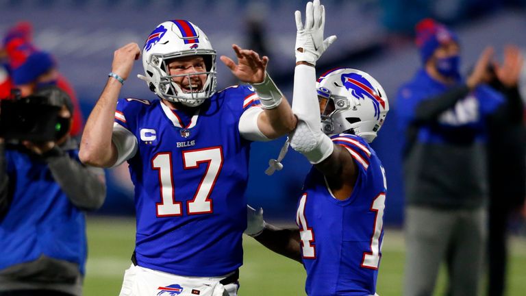 Josh Allen and Stefon Diggs celebrate the game's opening touchdown (AP Photo/Jeffrey T. Barnes)         