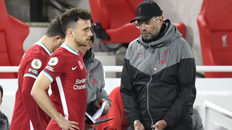 Liverpool v West Ham United - Premier League - Anfield
Liverpool's Diogo Jota with manager Jurgen Klopp during the Premier League match at Anfield, Liverpool. 31 October 2020
