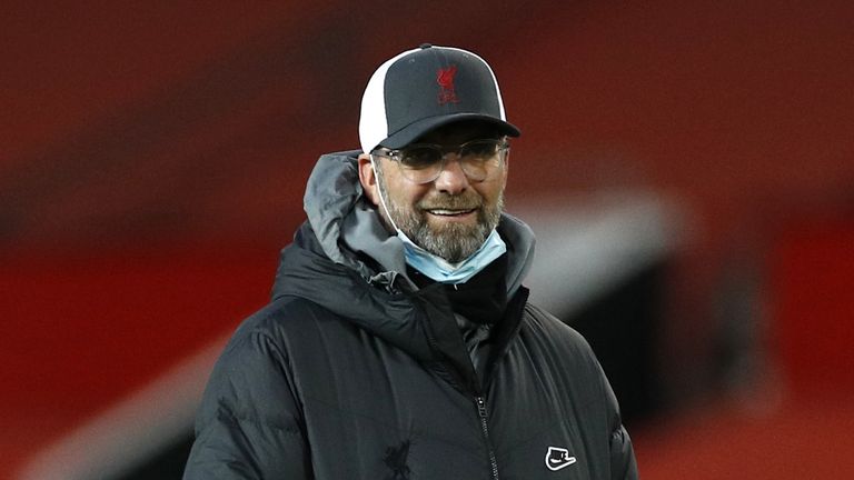 Liverpool manager Jurgen Klopp during the warm up before the Emirates FA Cup fourth round match at Old Trafford, Manchester. Picture date: Sunday January 24, 2021.