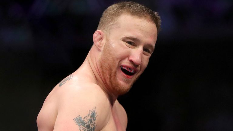 Justin Gaethje celebrates a win against Edson Barboza during their mixed martial arts bout at UFC Fight Night, Saturday, March 30, 2019, in Philadelphia. Gaethje won via first round TKO. (AP Photo/Gregory Payan)