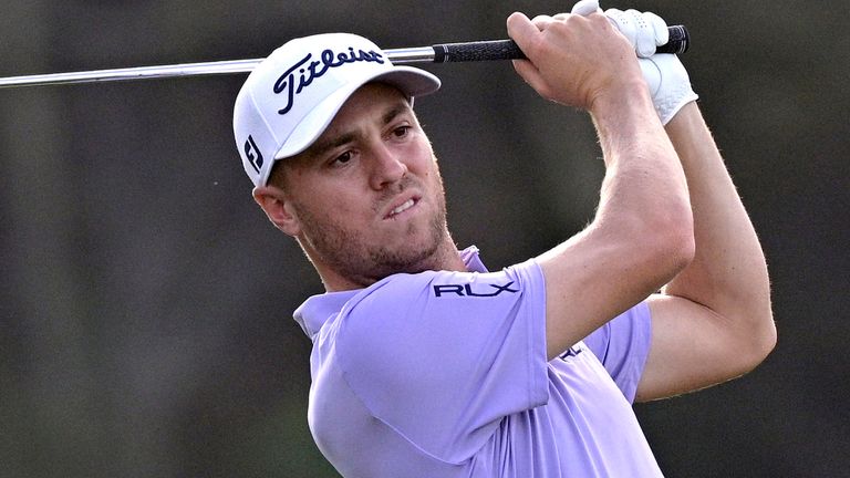 Justin Thomas watches his shot from the 14th fairway during the first round of the PNC Championship golf tournament, Saturday, Dec. 19, 2020, in Orlando, Fla. (AP Photo/Phelan M. Ebenhack)