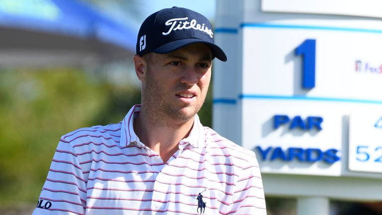 Justin Thomas waits to hit from the first tee during the final round of the Tournament of Champions golf event, Sunday, Jan. 10, 2021, at Kapalua Plantation Course in Kapalua, Hawaii. (Matthew Thayer/The Maui News via AP)