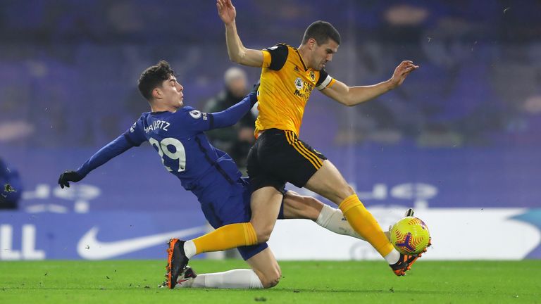 Kai Havertz puts Conor Coady under pressure