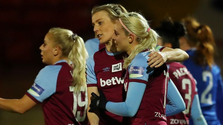 Katerina Svitkova (right) celebrates scoring West Ham's second goal with team-mates in their Women's League Cup quarter-final win