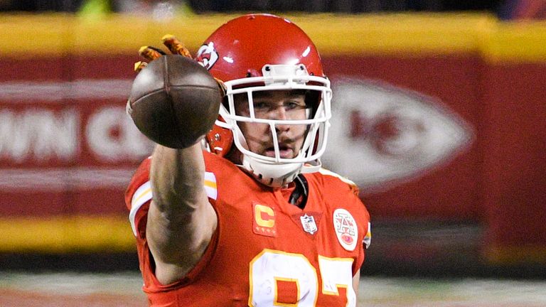 Kansas City Chiefs tight end Travis Kelce signals a first down after making a catch against the Buffalo Bills during the first half of the NFL AFC championship football game, Sunday, Jan. 24, 2021, in Kansas City, Mo. 