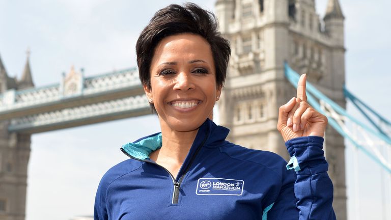 Kelly Holmes (GBR) poses at the Tower Bridge prior to the 2016 London Marathon in London on Thursday, April 21, 2016. (Jiro Mochizuki/IOS via AP Images)