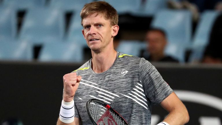 Kevin Anderson of South Africa celebrates a point win during his second round singles match against Taylor Fritz of the U.S. at the Australian Open tennis championship in Melbourne, Australia, Thursday, Jan. 23, 2020. (AP Photo/Dita Alangkara)